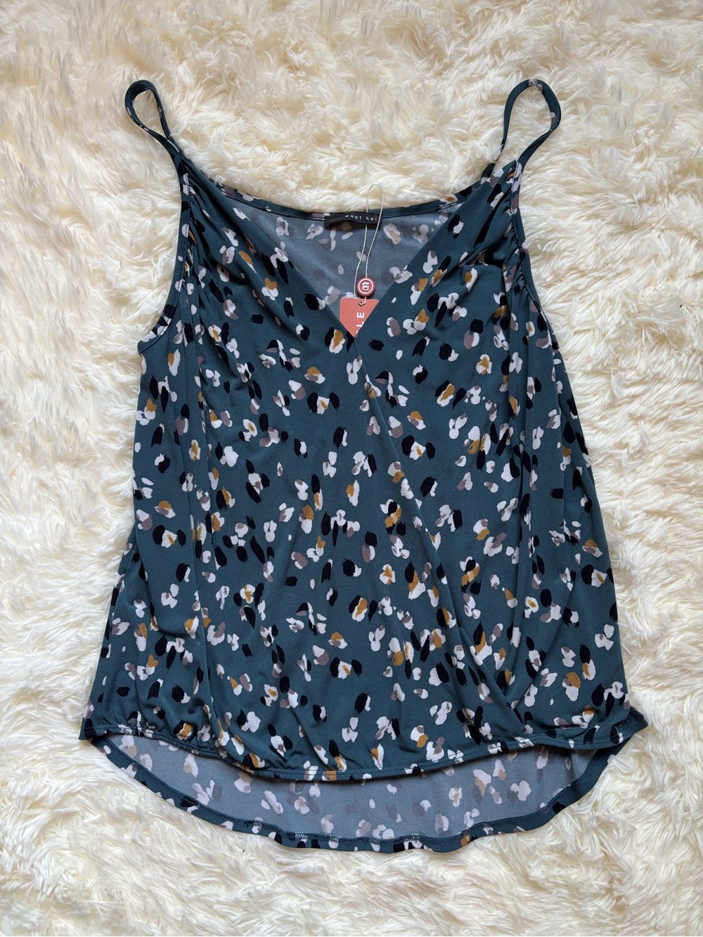 West Kei Printed Knit Tank Womens M Blue Abstract Spot Print Surplice Tank NWT